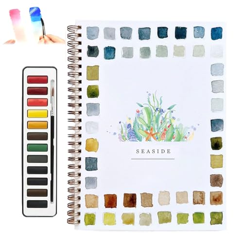 Image of Watercolour Workbook Set for Beginners - Includes 12 colours of paints and brushes, Adult Colouring Workbook, Perfect tool for learning watercolour painting, Spiral Flat Pages (Under the Sea)