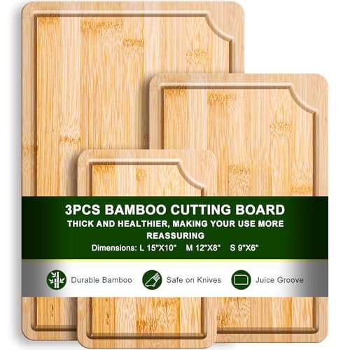 Image of Bamboo Cutting Board-3 piece set, Kitchen Bamboo Cutting Board with juice slot and built-in handle, Used for cooking, Meat, Vegetables and cooked food