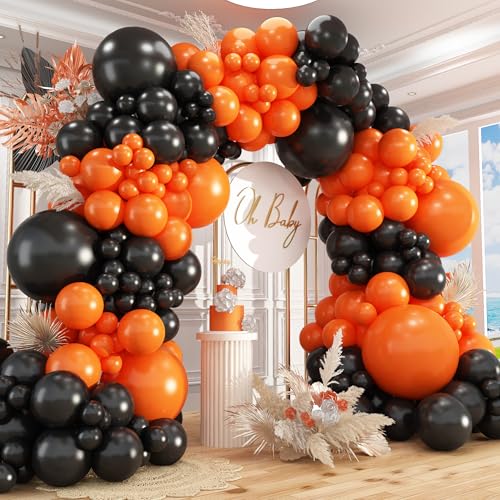 Image of Black and Orange Balloons Garland Arch Kit, 412pcs Black Orange Halloween Balloons with Different Size for Graduation Halloween Harley Davidson Decorations