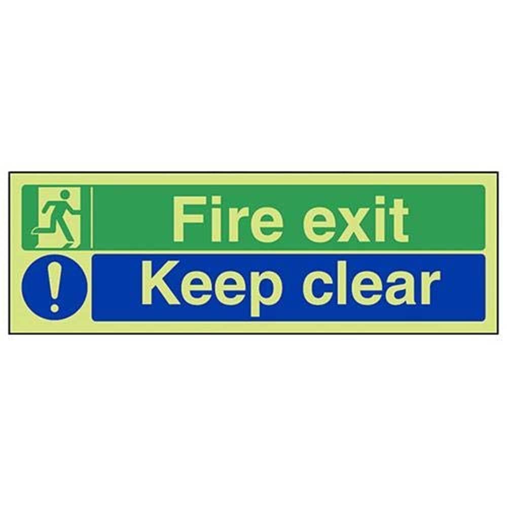 V Safety Glow In The Dark Fire Exit/Keep Clear Sign - 600mm x 200mm - Self Adhesive Vinyl