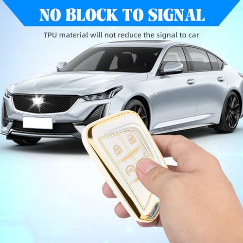Image of QBUC for Cadillac Key Fob Cover with Leather Keychain (Gold Trim White) | Soft TPU Protection Case Compatible with 2020-2026 Cadillac Escalade Lyriq Optiq 5-Buttons