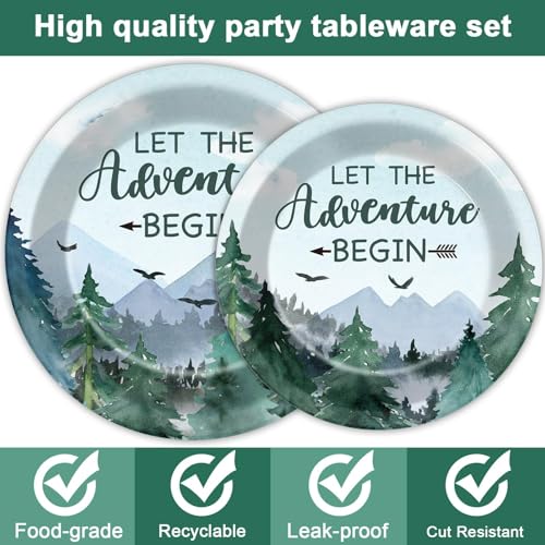 Image of ZOIIWA 200 PCS Adventure Awaits Tableware Disposable Let The Adventure Begin Party Supplies Dinnerware Set Baby Shower Plates Napkins Birthday Party Decoration Serve 50 guest
