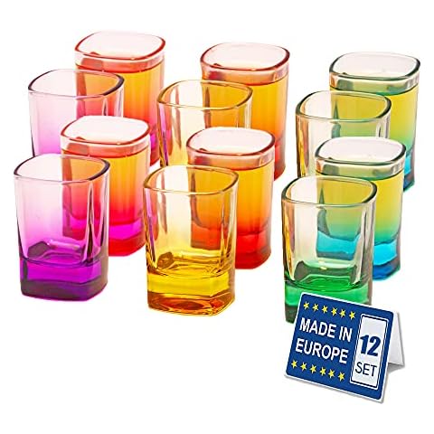The Buybox - 12 Pieces Colored Shot Glass Set, 1.85oz Heavy Mini Base Shot Glass Set, Colored Shot Glasses Bulk, Tequila Cups Small Glass, Shot Glasses for Whiskey, Tequila, Vodka & Liquors Cover