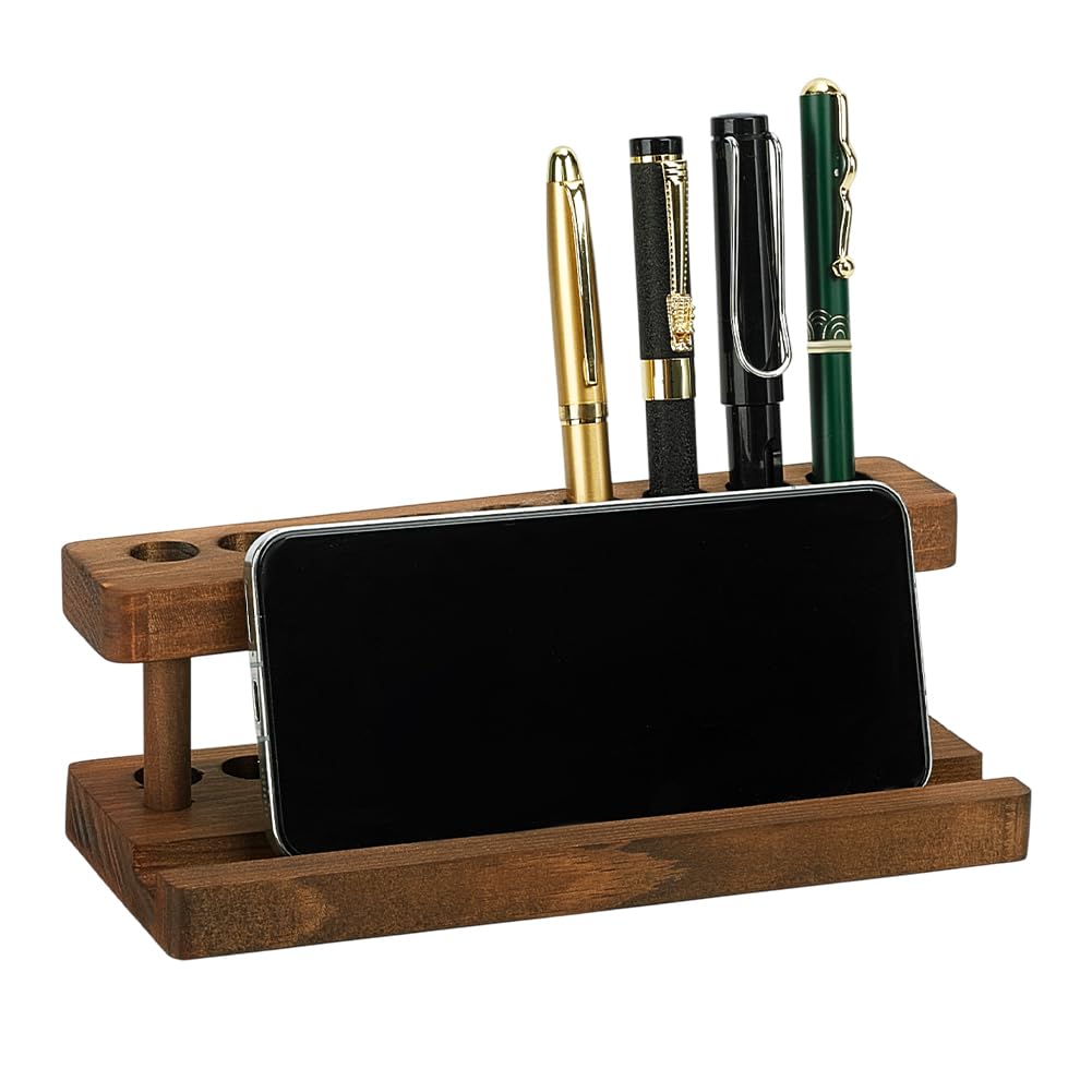 PH PandaHall Wooden Pen Display Stand Wood Pencil Holder for Desk, Brown Solid Wood Pen Organizer with 9 Slots and Phone Holder for School Office Home Store, 7.87x3.15x2.68 inches