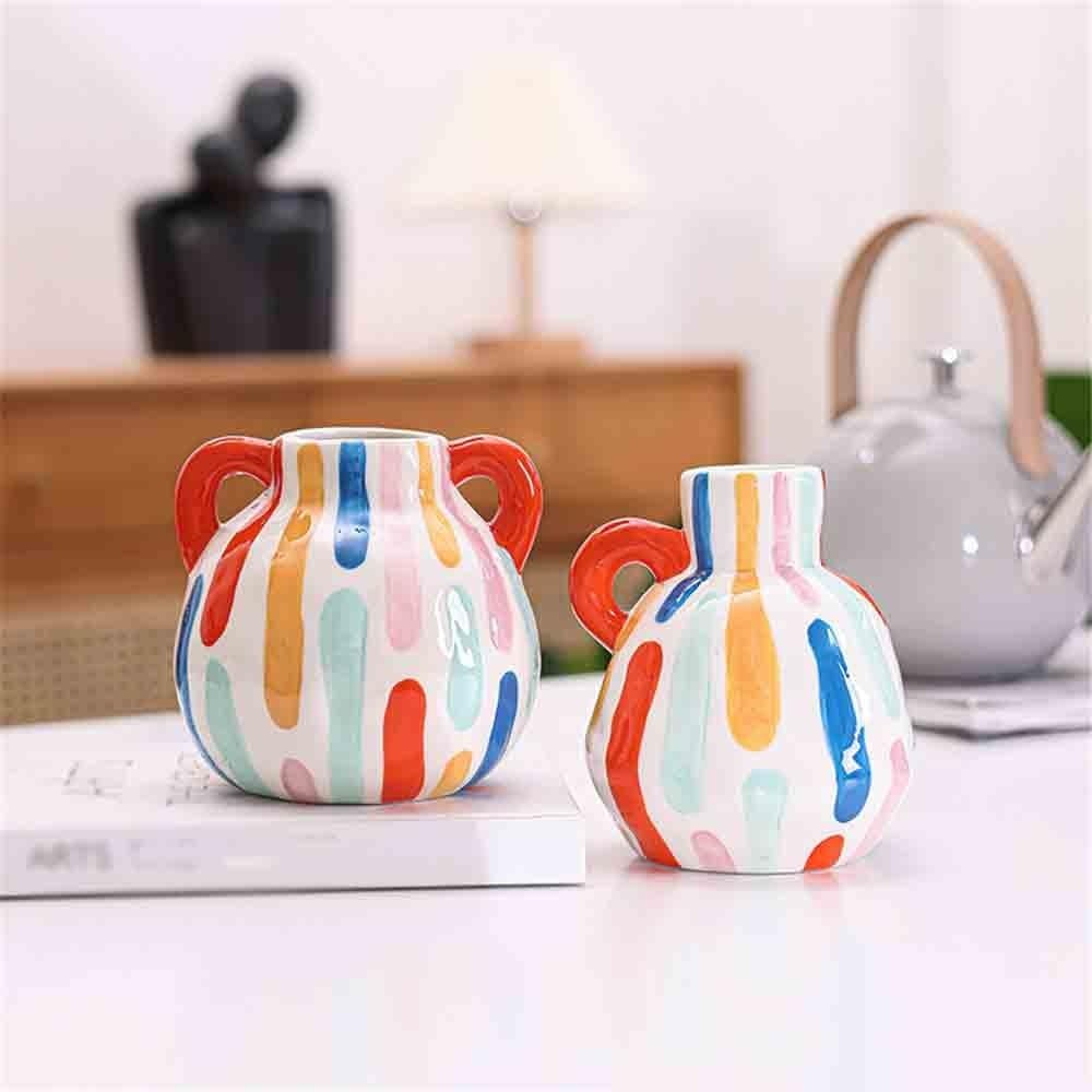 Wazon Mały ceramiczny wazon pionowe paski ładny okrągły kompozycja kwiatowa dekoracja mebli