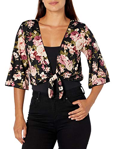 Star Vixen Women's Tie Front Elbow Sleeve Cardigan, Dark Floral, Petite/Small