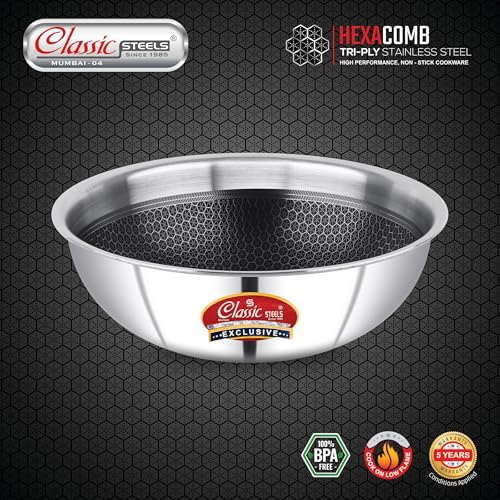 Image of Classic Steels Hexa Comb Triply Tasla Without Lid - 1.5 LTR (20cm) | Stainless Steel Deep Kadhai | Gas & Induction Compatible | Silver Cookware for Indian Cooking | 2.5mm Thickness