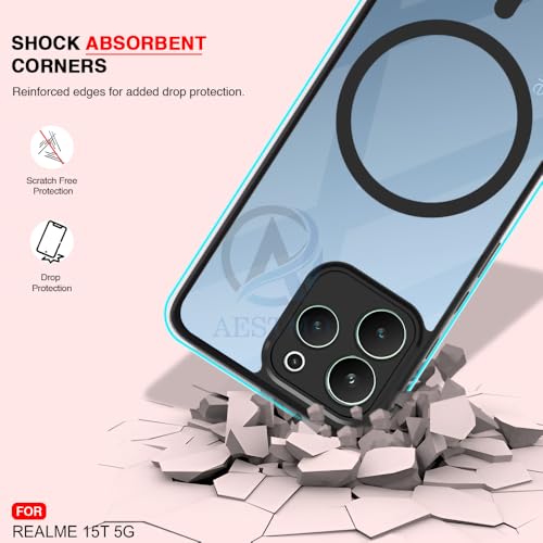Image of AESTMO Realme 15T 5G Back Cover | 360 Protection | Crystal Clear Hard Back Transparent | Compatible with MagSafe Accessories (PC+TPU, Black Bumper)