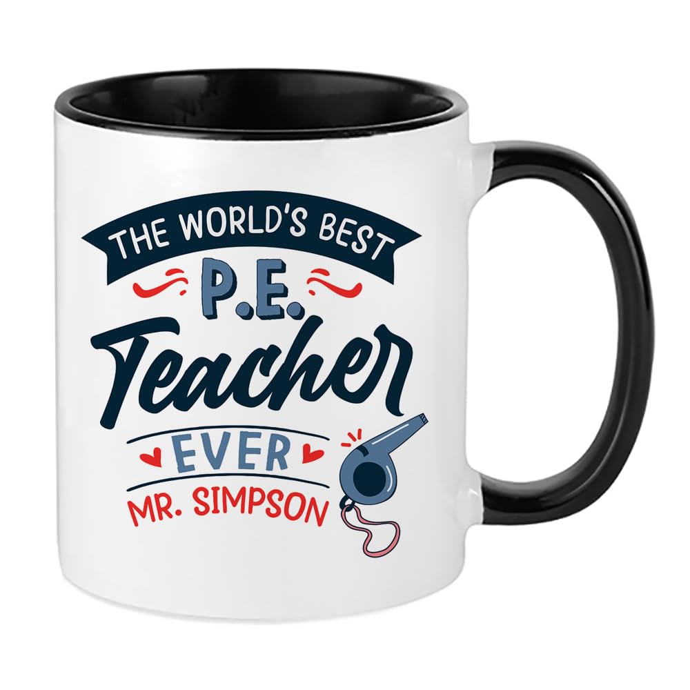 Getagift P.E. Teacher Gift, Personalised The Worlds Best P.E. Teacher, Inside Coloured Coffee, Tea Mug. (Black)