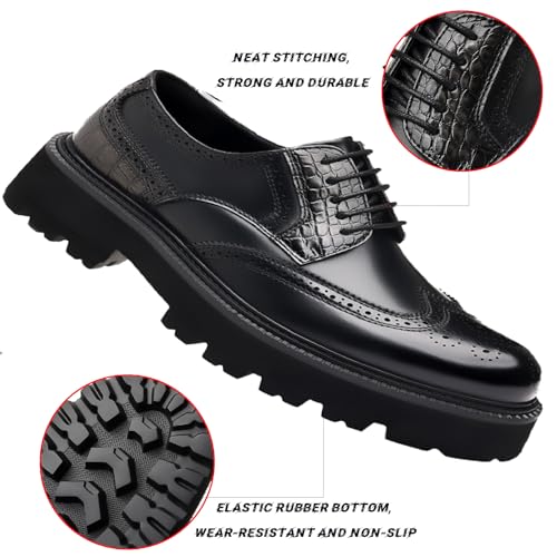 Men's Genuine Leather Wingtip Brogue Dress Oxford Shoes Comfor Breathable Round Toe Slip On Lug Platform Lace Up Formal Shoes for Business Work4