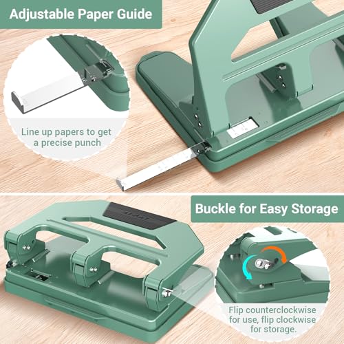 Image of AFMAT Heavy Duty 3 Hole Puncher, 40-Sheet Three Hole Punch Heavy Duty, 50% Reduced Effort Paper Punch, 10K+ Uses, Metal Hole Puncher 3 Ring w /Large Tray, Bulit-in S.S. Paper Guide HPX2(Green)