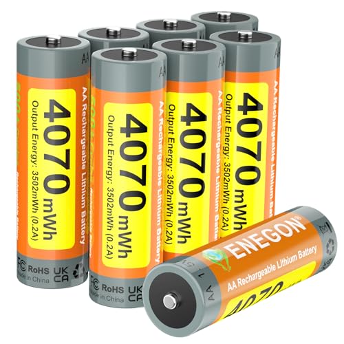 ENEGON 8-Pack Pilas AA Recargables de Litio 4070 mWh 1,5 V, Solo se Pueden Cargar con Cargador específico de Litio. Alto Rendimiento para mandos de Videojuegos, cerraduras Inteligentes y cámaras