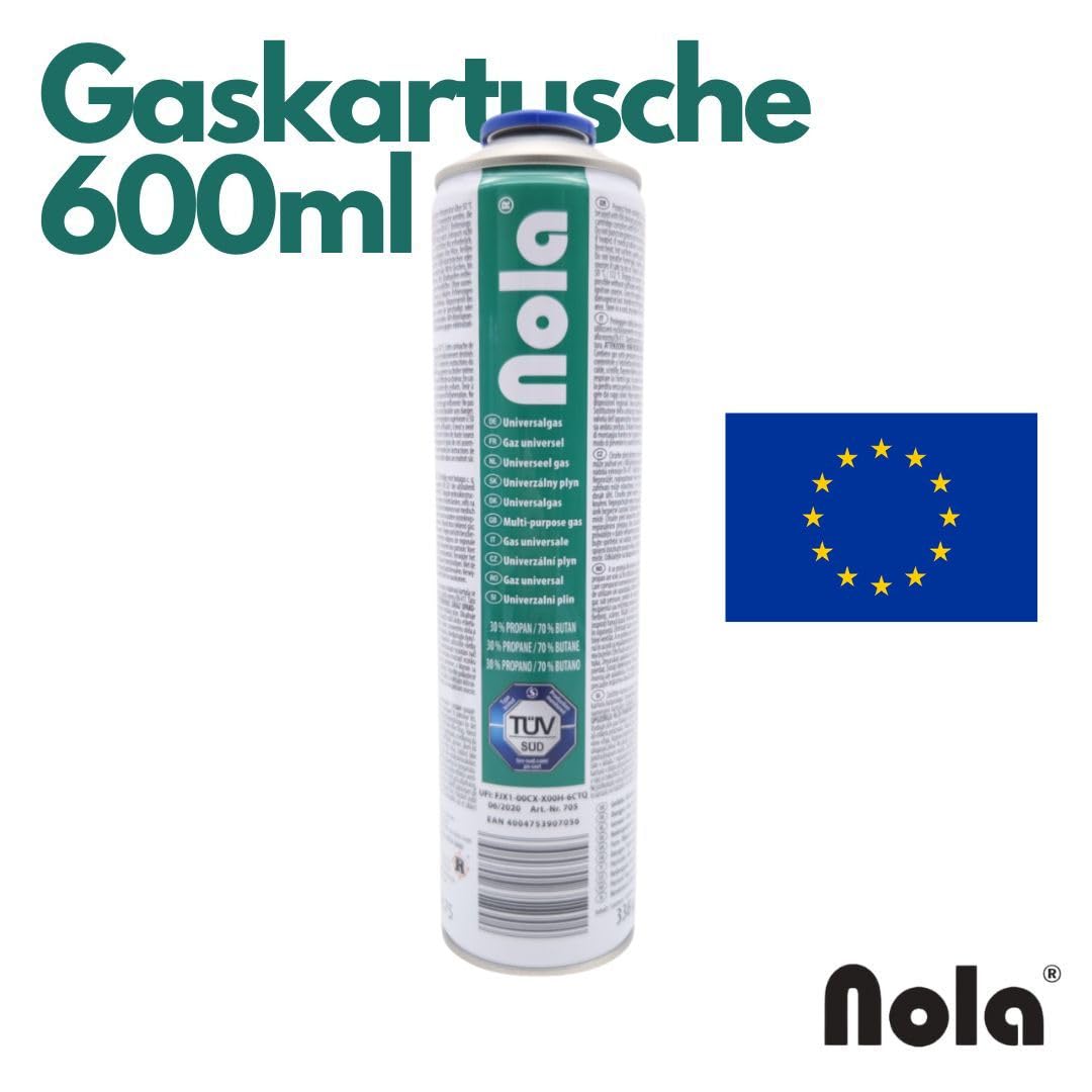 NOLA 12x 600ml (338g) Universalgas Gaskartuschen – 70% Butan / 30% Propan – Schraubventil EN417 – Campinggas für Unkrautbrenner, Lötbrenner, Gaskocher, Gasgrill & Outdoor-Einsatz – Made in Europe