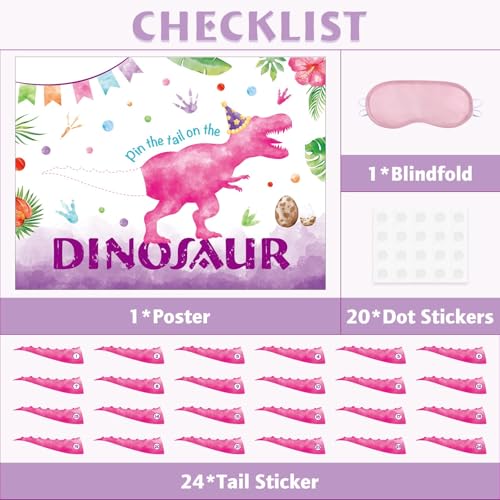 Image of WERNNSAI Pin The Tail on The Dinosaur Girl Dinosaur Party Decorations | Dinosaur Party Games for Kids,Pink Dinosaur Birthday Decorations,28 inch x 21 inch Poster with 24 Stickers and Blindfold
