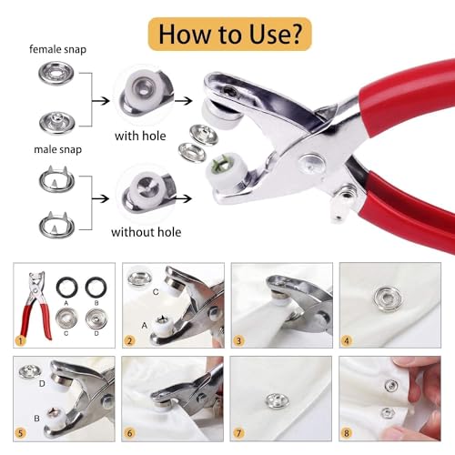 Image of Press Stud Button Kit with Pliers, 100 Sets Metal Snap Fasteners in Storage Box for Clothing Repair, Leather Work, Bags and DIY Crafts (Silver Pack of 1)