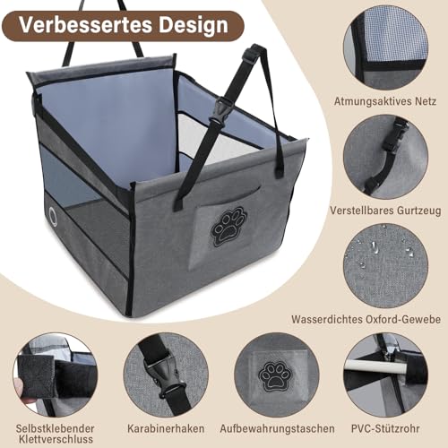 Hunde Autositz für kleine & mittlere Hunde – Wasserdichter Hundesitz Auto Rückbank mit Netzfenster & Sicherheitsgurt – Faltbarer Hundekorb Auto für Jede Fahrzeuggröße