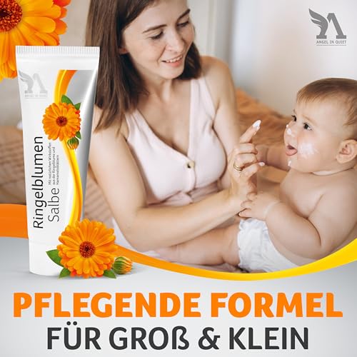 Angel in Quiet Ringelblumensalbe mit hohem Gehalt an Calendula Extrakt – Pflege bei trockener & gereizter Haut – mit Hamamelis – Salbe für empfindliche Haut & Babyhaut – Naturkosmetik ohne Parabene