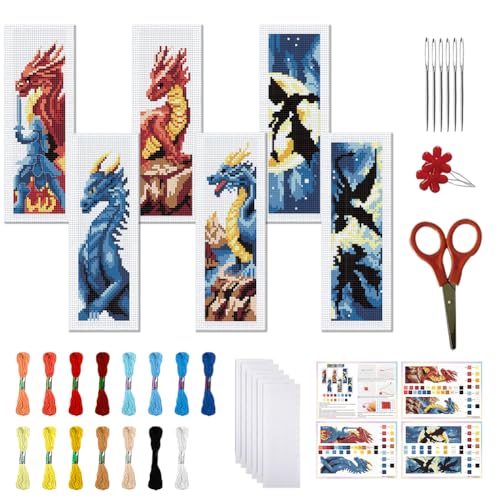 Image of FREEBLOSS 6 Set Cross Stitch Bookmark Kit Stamped Cross Stitch Kit Dark Dragon Embroidery Set with Instruction for Adults 8''*2.4''