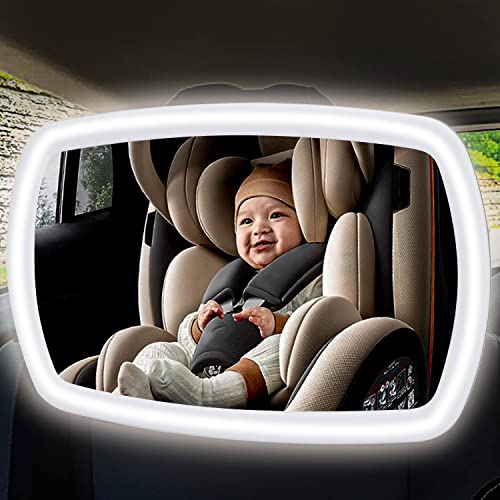 Image of Baby Car Mirror Rear Facing Seat with Baby Seatbelt Pads, Night Light Pivot Baby In-Sight Wide-Angle Adjustable Car Mirror with Glare-free LED, Fully Assembled & Crash Tested Crystal Clear View