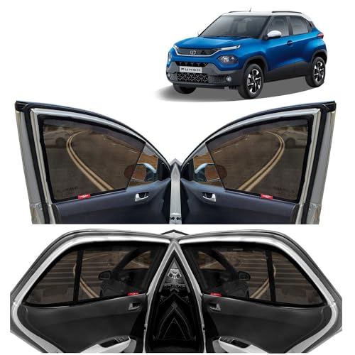 Image of KINGSWAY Accessories Car Side Window Sun Shade Only Compatible with Tata Punch (2021 to 2025), Front Half Cut & Rear Zipper Magnetic Curtains - Heat-Resistant Custom-Fit Shades, Pack of 4 Pcs