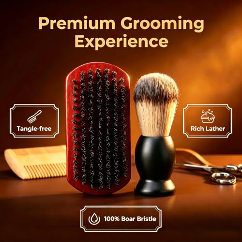 Image of Beard Brush, Shaving Brush, Beard Comb, Beard Scissors Set | Beard Brush Set with 100% Boar Bristle Walnut Wood Beard Brush, Shaving Brush & Foldable Scissors, Gift for Men