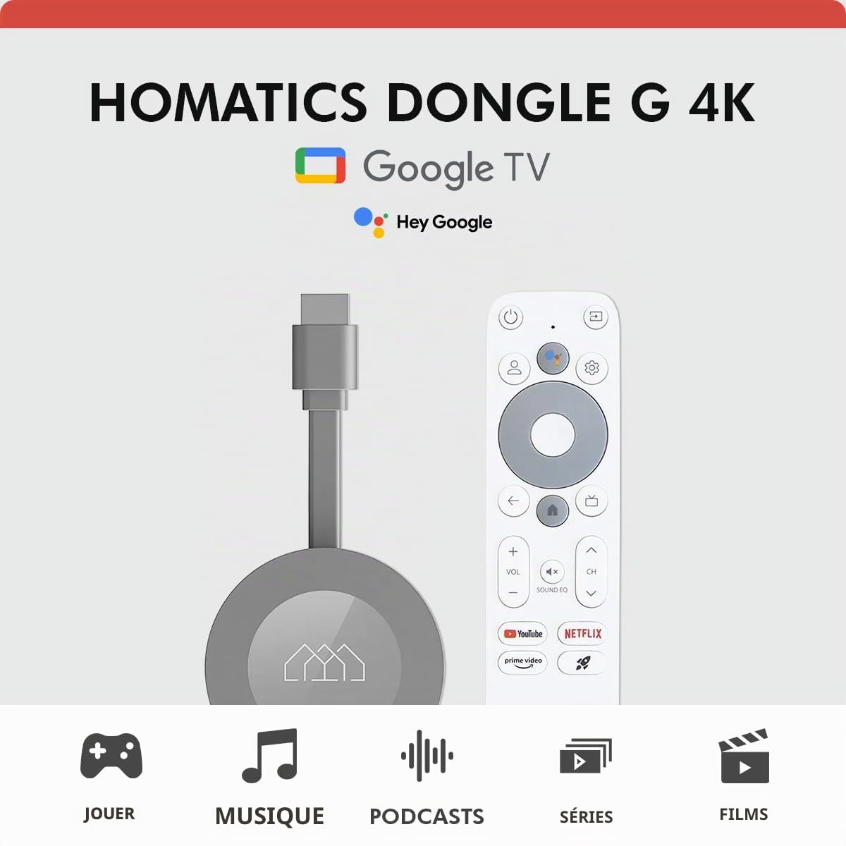 [Test très bien, note 1.1*] Homatics Dongle G 4K | Certifié pour Netflix & Google TV | Clé TV WiFi LAN Chromecast intégrée avec Google Assistant Télécommande vocale pour téléviseur et Smart TV