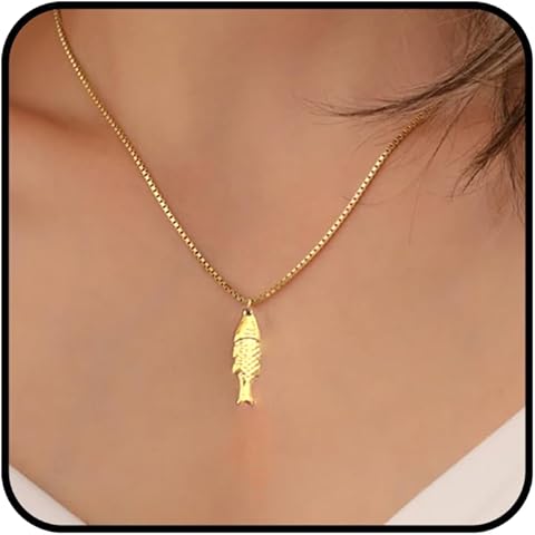 Gold Fish Necklace For Women, 14k Gold-Plated Chunky Coastal Sardine Beach Charm Pe...