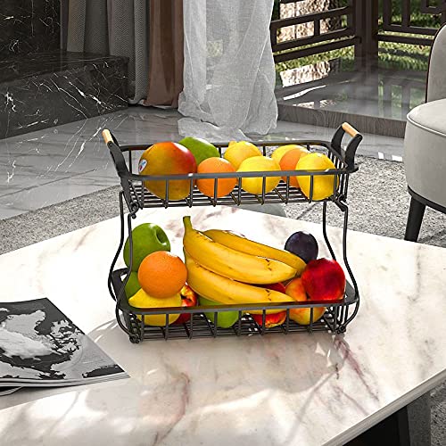 Corbeille à Fruits Nordique Double Panier Amovible - Fer Forgé Vert Foncé Et Or - Design Creux Ventilé - Pour Cuisine, Salon, Décoration
