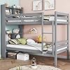 Flieks Twin Over Twin Bunk Bed with Shelves, Rubber Wood Bed with Shelves Headboard, Safety Guardrails and Ladder, Convertible to 2 Beds,Grey