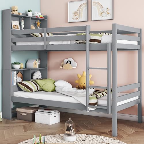Twin Over Twin Bunk Bed with Storage Shelves, Convertible to 2 Platform Beds, Solid Wood Frame for Kids, Teens & Adults, Space-Saving Design for Small Bedrooms, Dorms & Guest Rooms (Grey)