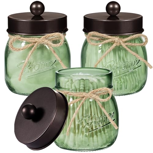 SheeChung Green Glass Qtip Holder Dispenser, Mason Jar Apothecary Jars with Lids, Bathroom Organizers and Storage, Vanity Countertop Canisters Set for Cotton Swab, Ball, Pad, Floss Pick-Bronze, 3 Pack