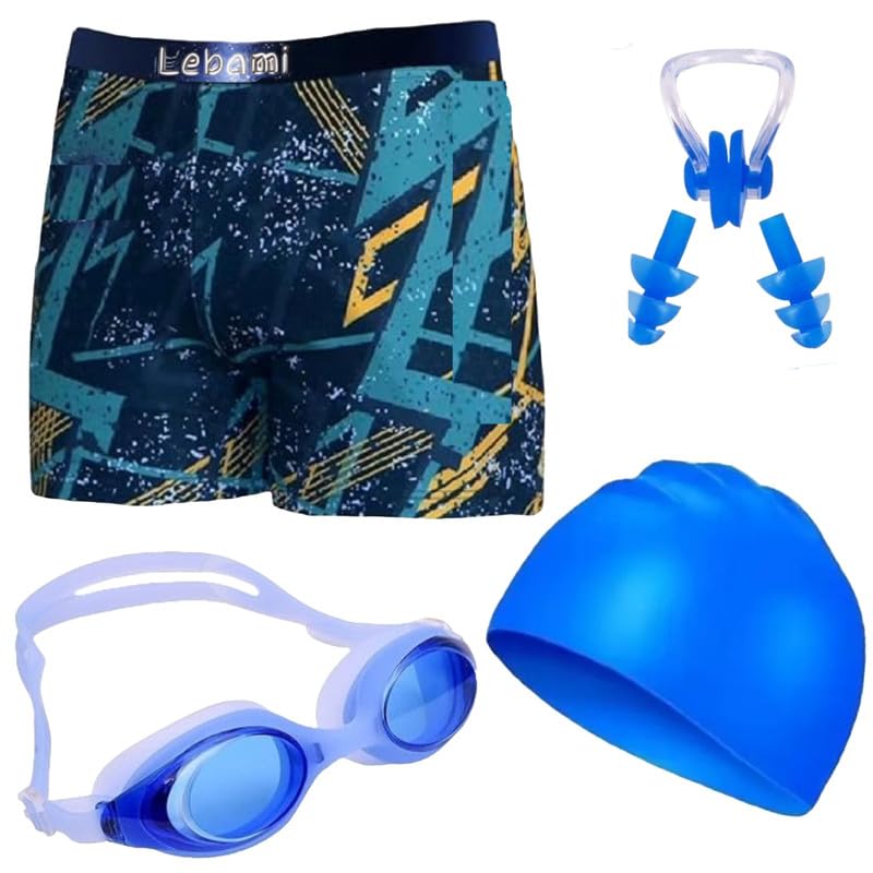LEBAMI Swimming Kit for Boys | Swim Trunks, Goggles, Swim Cap, Nose Clip, Ear Plugs | Accessories for Swimming, Water Sports (Blue,13 Years-14 Years)