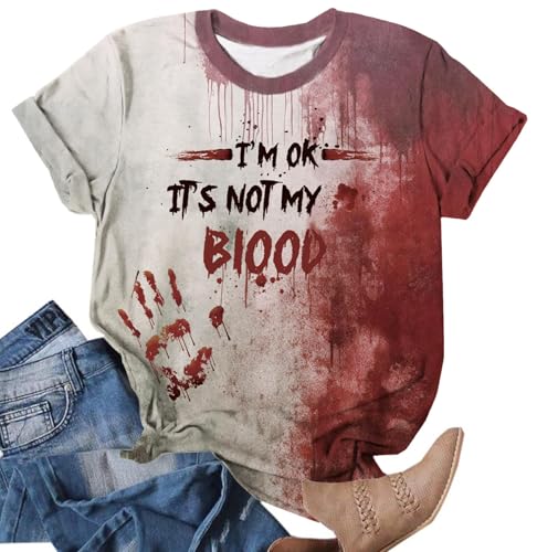 VVNTY Damen Halloween Horror T-Shirt I'm OK It's NOT My Blood Blut-Splatter Kurzarmshirt Gruseliges Party-Outfit (Blood-White,S)