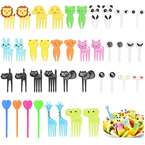Reforung 40 PCS Mini Tenedores para Niños en Forma de Animales Palillos de Dientes Tenedores de Plastico Reutilizables...