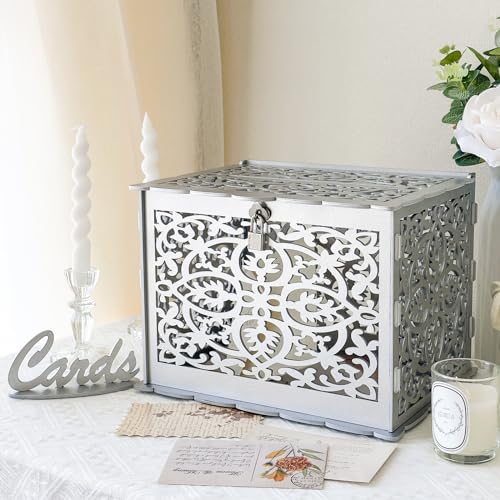 OurWarm Silver Wedding Card Box for Wedding Reception, Wooden Card Boxes with Lock, PVC Gift Card Box Money Holder for Reception Anniversary Shower Rustic Wedding Decorations Birthday Graduation