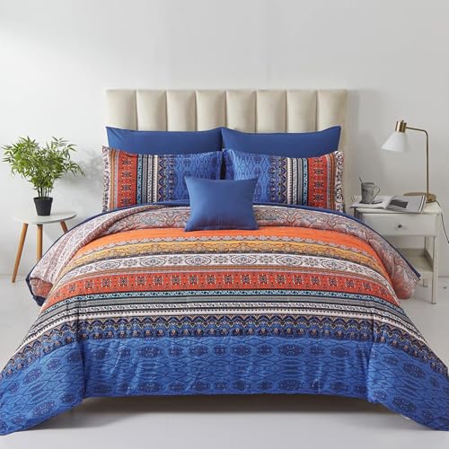Image of Cottolester Boho Comforter Set Full Size 8 Piece Bed in a Bag Burnt Orange Paisley Fall Comforter and Sheet Set Bohemian Striped Bedding Set,Soft Microfiber Complete Bedding Set