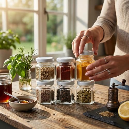 Image of Cute Hexagonal 50 grams Airtight Glass Jar Containers for Honey, Spices & other Kitchen Items with Rust Proof White Color Caps -Set of 06