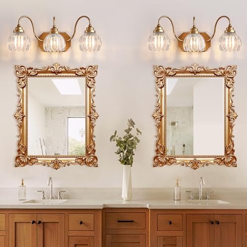 Image of Vintage Gold Bathroom Light Fixtures, 3 Light Clear Tulip Crystal | Brushed Gold Vanity Lights,Matte Antique Brass Finish, Mid Century Style,Wall Sconces for Bedroom,Hallway, Easy to Install