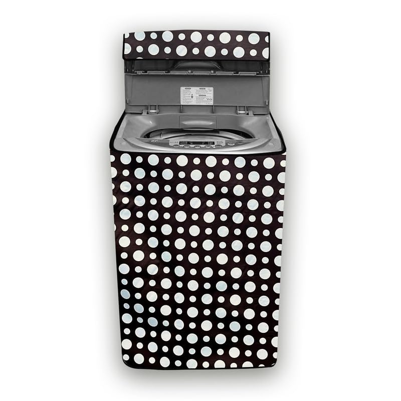 Image of Waterproof washing machine cover Perfect for Whirlpool 6.5 Kg Fully Automatic Top load Black Polka dot print