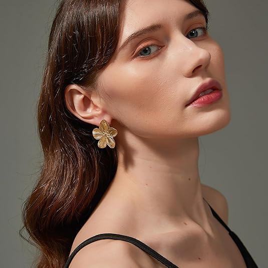 Hibiscus Flower Earrings for Women Chunky Gold Flowers Earrings Flower Petal Studs Statement Floral Earring Trendy Large Hibiscus Floral Bridesmaid Jewelry - Image 4