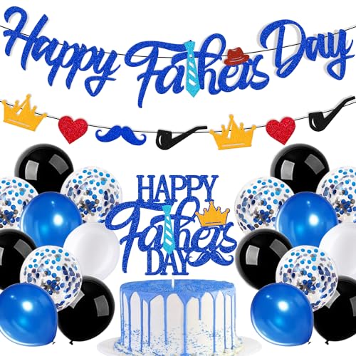 Happy Father's Day Decorations Kit Father's Day Banner Cake Topper Blue Balloons Papa's Grandfather's Dad's Day Party Supplies Glitter Blue Backdrop Glitter Decor