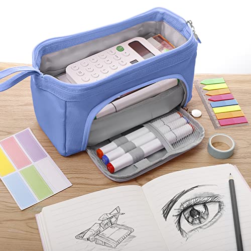 Hautoco Big Capacity Pencil Case Large Pencil Pouch Canvas Handheld Pen Bag Portable Makeup Bag Aesthetic Stationery Bag Holder Box Desk Organizer For School Office College Student, Blue #TOP5