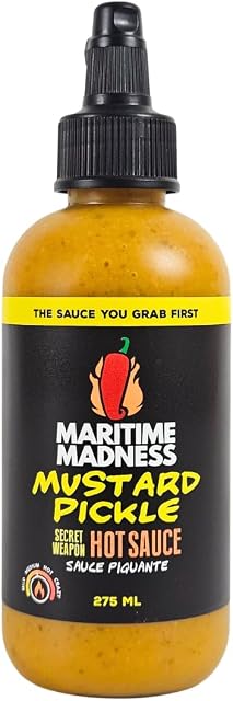 Maritime Madness, Mustard Pickle Sauce chaude, Fabriquée au Canada, 275ml Bouteille de pression, Vegan, Sans gluten, Sans lait, Sans soja, Sans oignon/essence, Céto