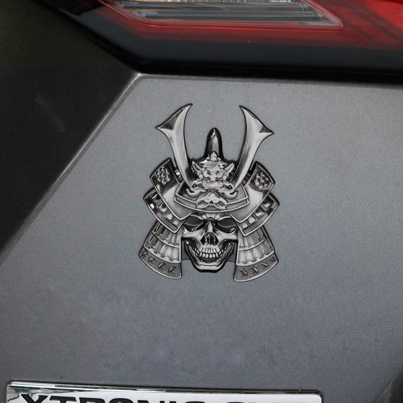 Image of Samurai Metal Car Sticker, Japanese Style Hannya Decal, Demon with Helmet Emblem, Devil Death Skull Zinc Alloy Skull Cool Badge for Automotive, Truck, Motorcycle (Type A - Gun Color)