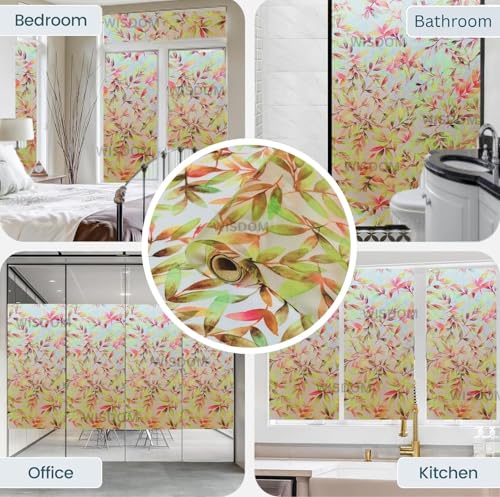 Image of WISDOM Premium Frosted Glass Window Film Self Adhesive Decorative Glass Window Privacy Sheet Film UV Control Removable Vinyl Privacy Film (Rown Leaves, 12x36 Inch)