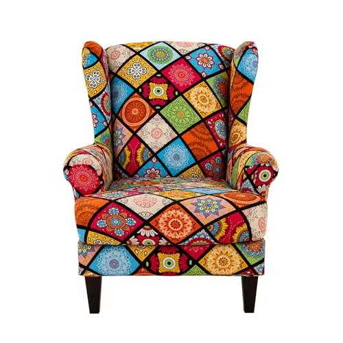 Highdi Housse de Fauteuil à Oreilles Extensible 2 Pièces Couverture de Fauteuil avec Housse de Coussin en T, Imprimé Housse de Fauteuil Antidérapante, pour...