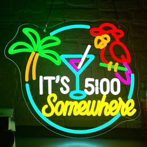 Image of Its 5 Oclock Somewhere Neon Sign for Wall Decor Dimmable Parrot LED Light Home Beer Bar Decor Palm Tree Sun Beach Neon Signs for Man Cave Garage Party Hotel Gifts for Men Size 13.1 * 13in(GLNP168)