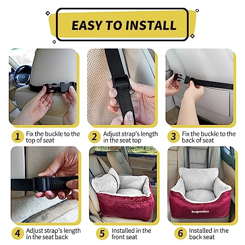 BurgeonNest Dog Car Seat for Small Dogs, Fully Detachable and Washable Cat Carseats Under 25 lbs, Soft Pet Booster Seats with Storage Pockets Clip-On Leash Portable Travel Carrier Bed, Red