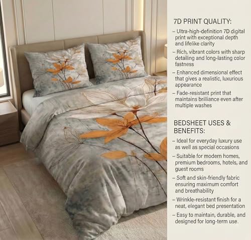 Image of SANMARINO 300 TC Cloud Cotton Pixel 7D King Size Bedsheet with 2 Pillow Cover | Premium 7D Floral Printed Bedding Set | Ultra Soft & Breathable | 108x108 Inch | Ivory Mist Golden Magnolia
