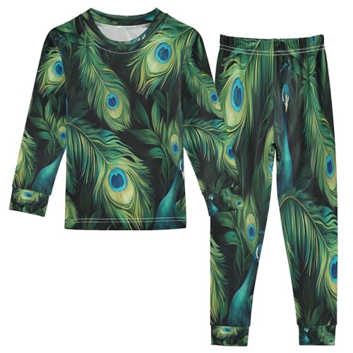 Pajama Sets Long Sleeve Watercolor Green Peacock Feathers Soft Comfy Sleepwear 2 Piece PJS 3-8T